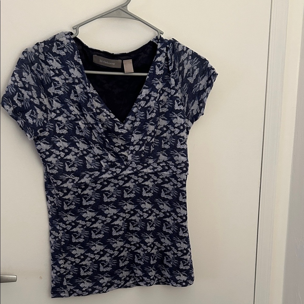 Liz Claiborne Navy and White Floral Wrap-Style Short Sleeve Top